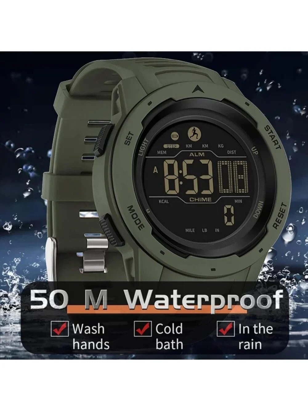 Men's Green Analog Quartz Sport Waterproof Pedometer Alarm LED Digital Watch
